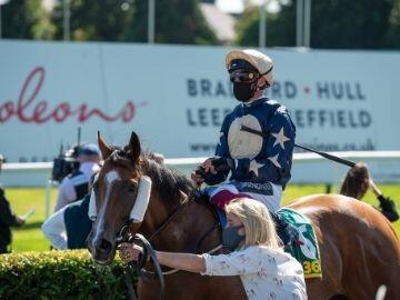Masked jockey at Doncaster Racecourse