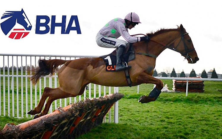 Jockey holds onto his horse as it jumps over a fence