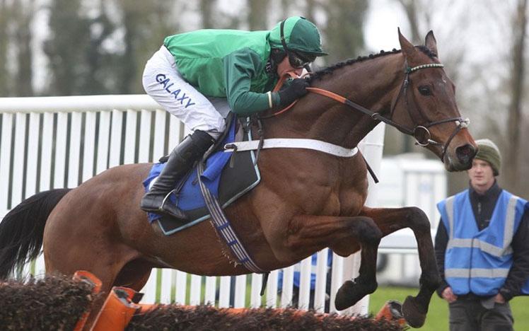 Jockey on a horse jumping over a hurdle.