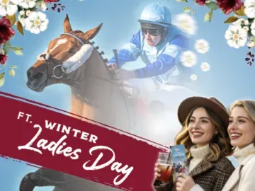 Great Yorkshire Chase artwork with a horse racing with fashionable women in the background.