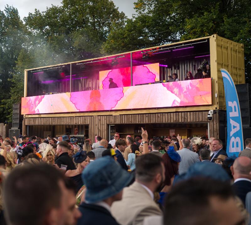 Shipping container DJ booth at Doncaster Racecourse St Leger Day
