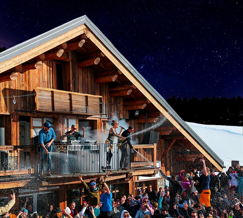 Ski-themed stage at Christmas party 