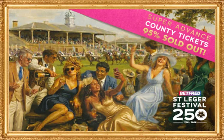 Painting of doncaster racecourse with 95% of super advance county tickets sold out banner